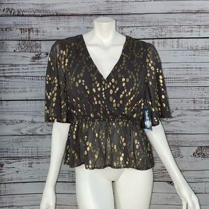 NWT ModCloth gold polka-dot peplum blouse with flutter sleeves size large